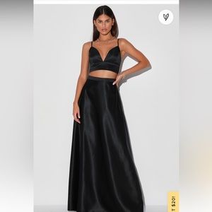 Black satin two piece skirt and crop top set